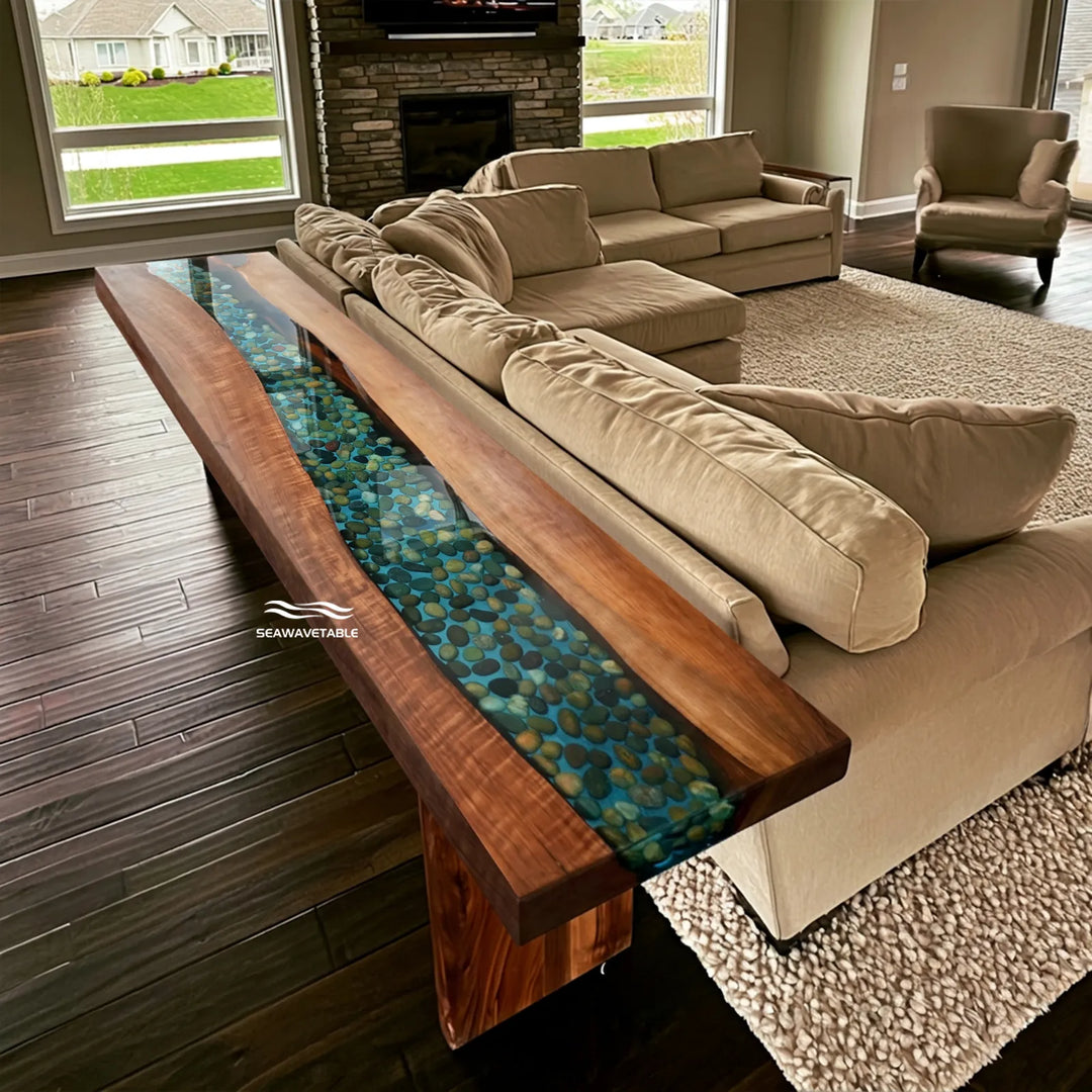 Seawavetable-58.5×15.5 inch black walnut console table 2 inch thick straight edge blue resin river table