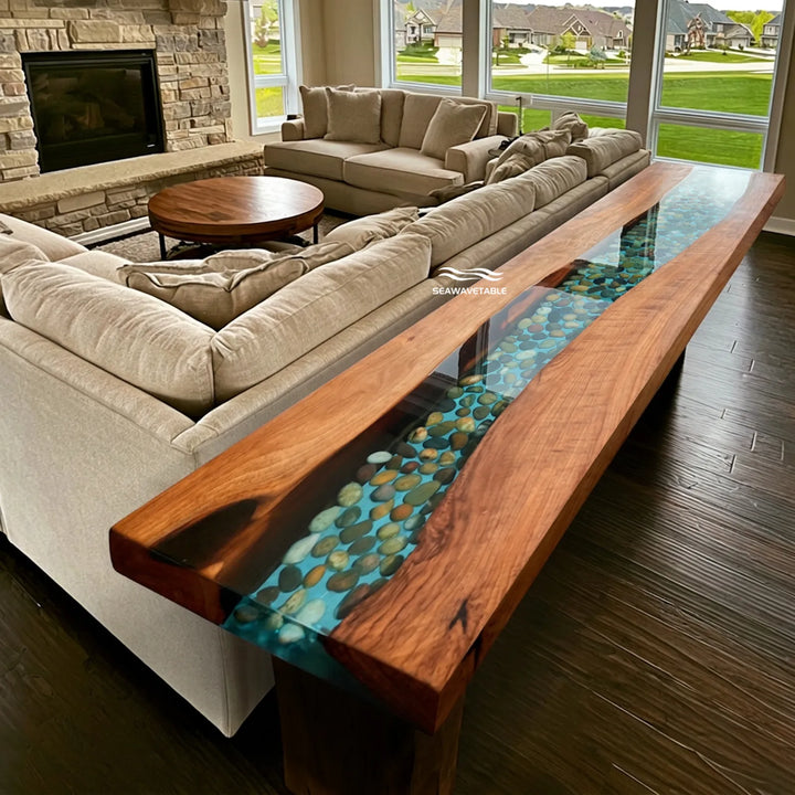 Seawavetable-high gloss surface on solid black walnut slab console table with blue stone resin river