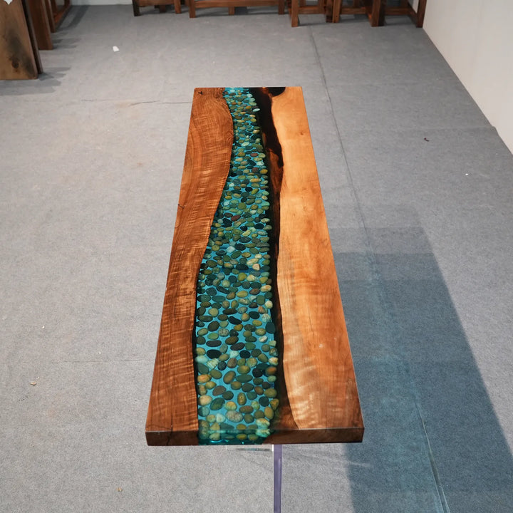 Seawavetable-front view of black walnut river console table for entryway hallway decor
