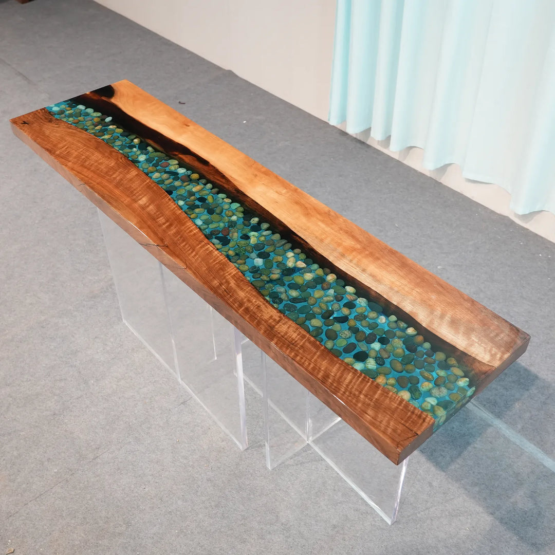 Seawavetable-overall shot in-stock black walnut epoxy console table in living room setting