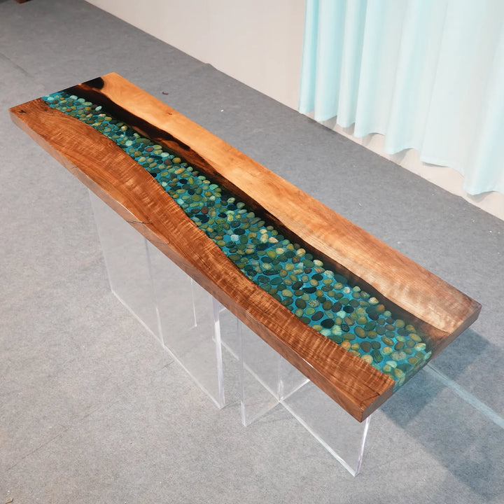 Seawavetable-overall shot in-stock black walnut epoxy console table in living room setting