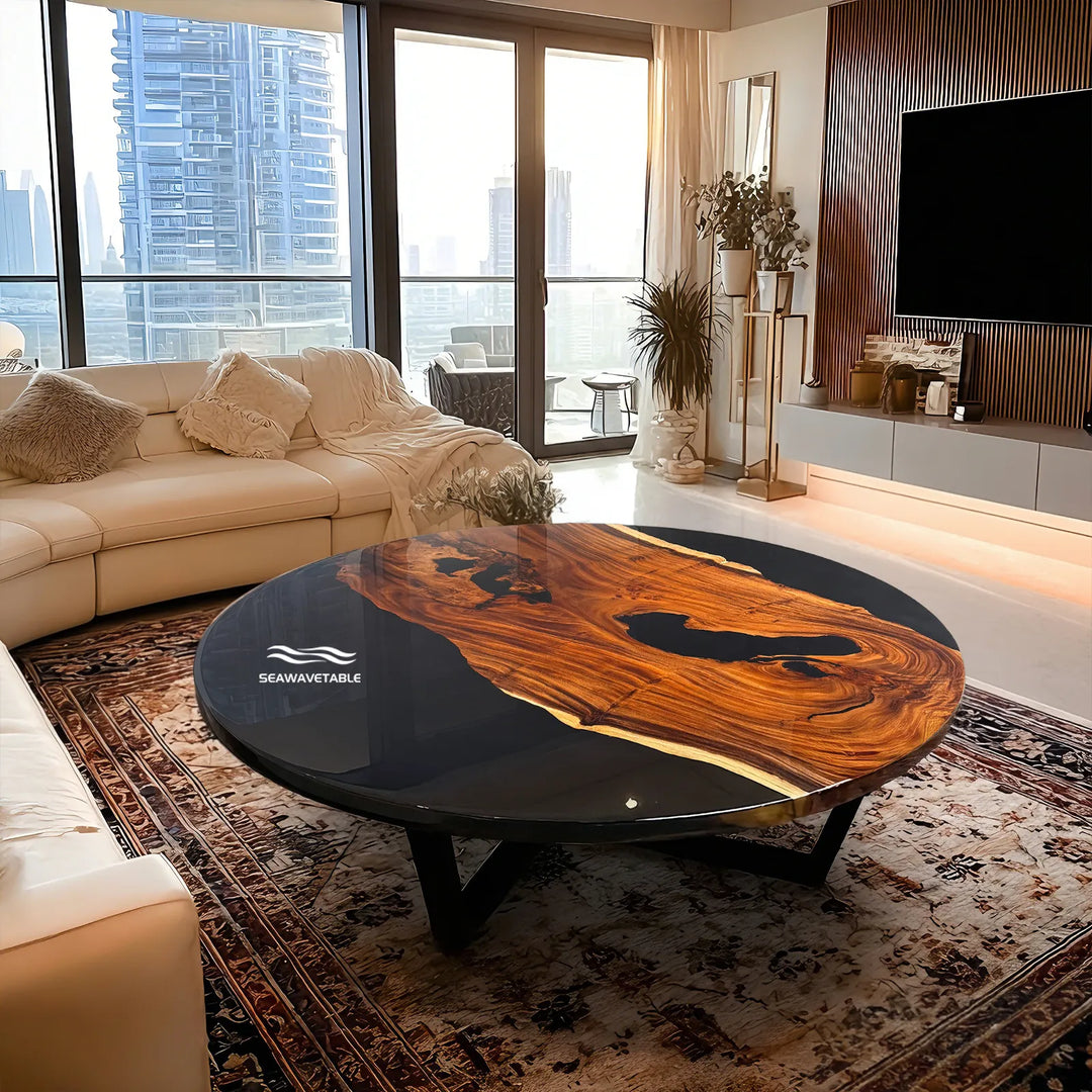 Organic modern round dining table with natural wood slab design