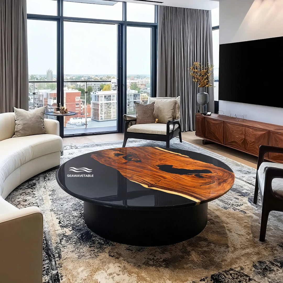 Handmade solid wood and resin round table ready to ship