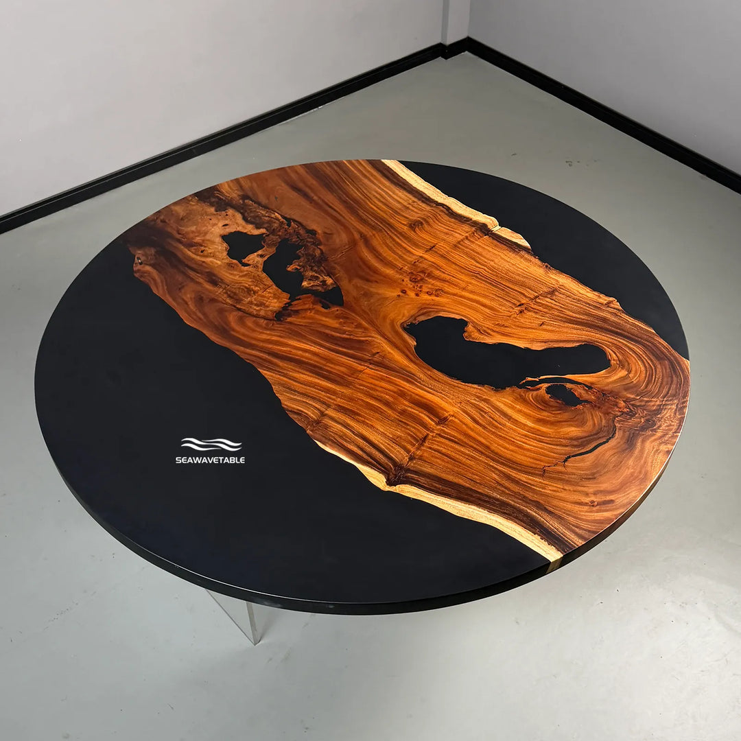 Modern rustic round table with natural wood grain and epoxy finish