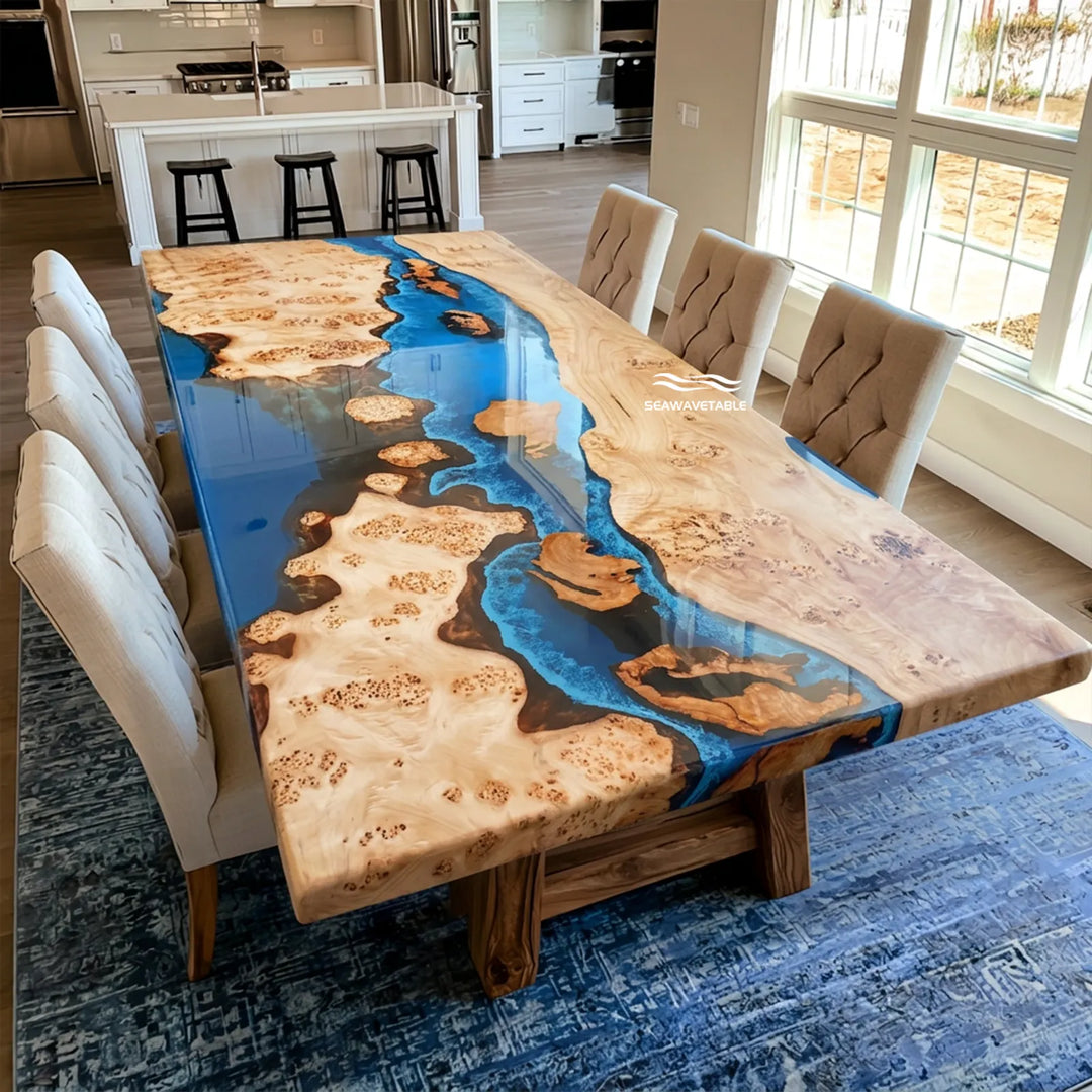 Seawavetable-In stock poplar and cunninghamia wood burl epoxy river dining table vivid blue resin with integrated LED lights high gloss finish
