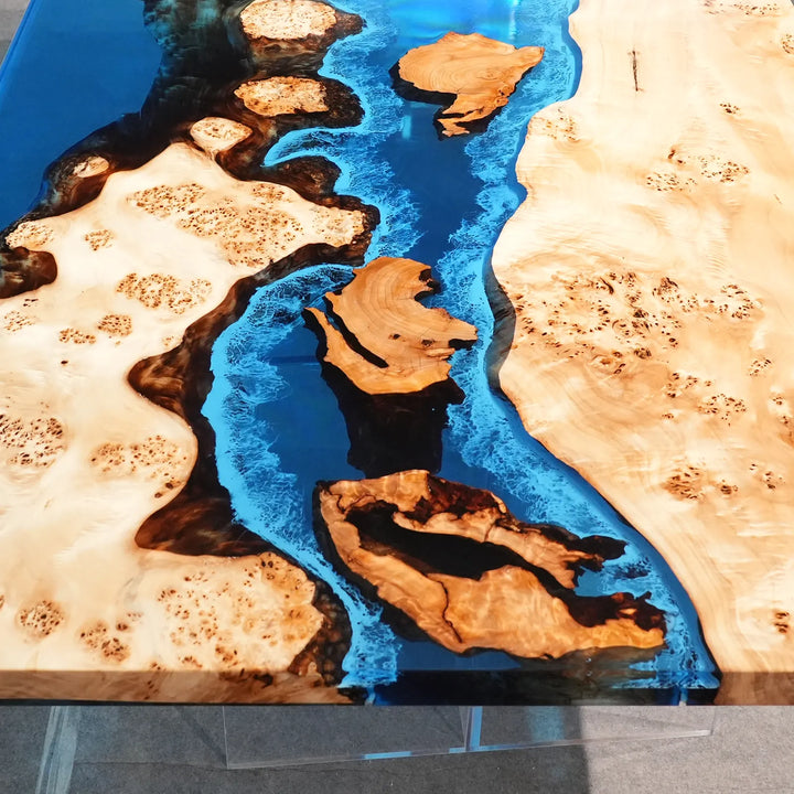 Seawavetable-luxury high gloss poplar cunninghamia wood burl epoxy dining table with internal LED lighting