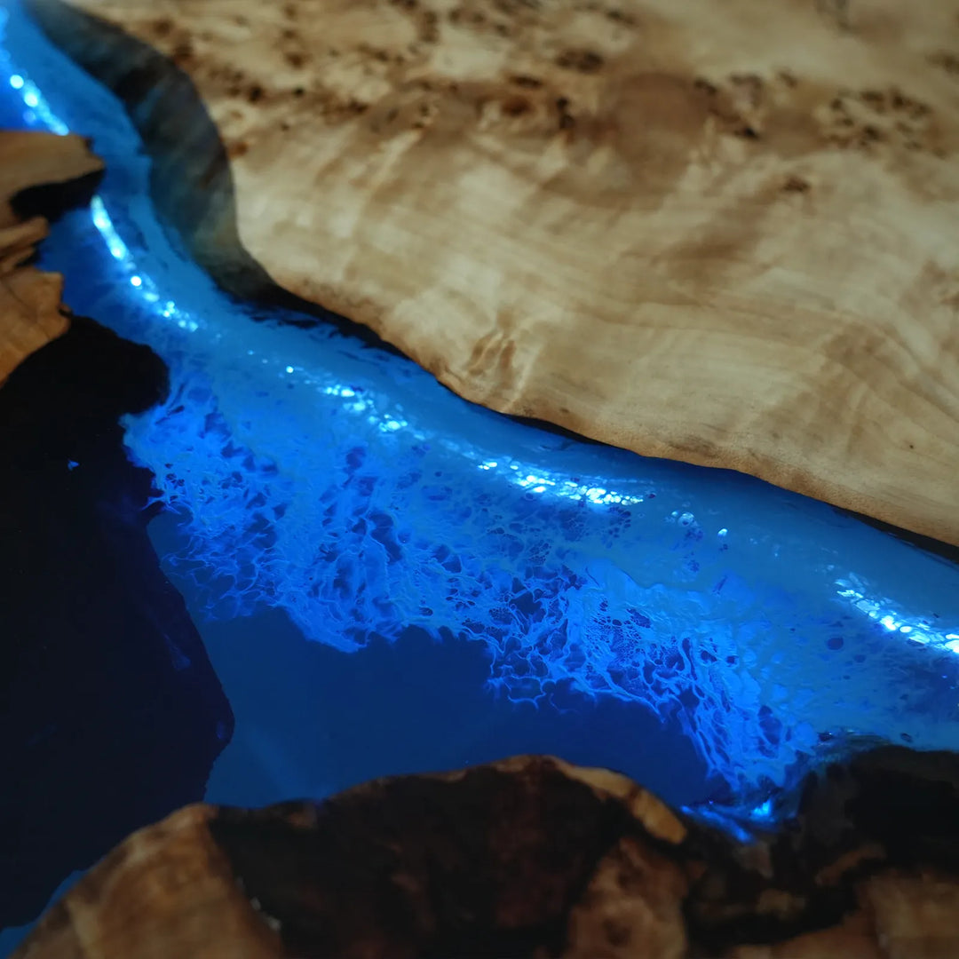 Seawavetable-LED light illuminated blue resin river on poplar cunninghamia wood burl dining table
