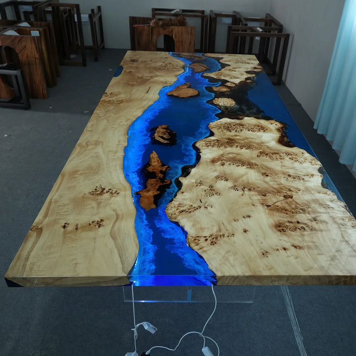 Seawavetable-Blue resin river on poplar cunninghamia wood burl dining table with LED lights
