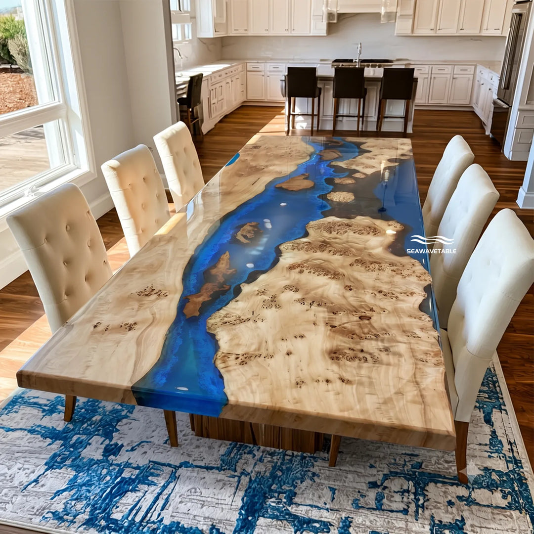 Seawavetable-108×48 inch poplar cunninghamia wood burl river dining table 2 inch thick straight edge LED blue epoxy tabletop