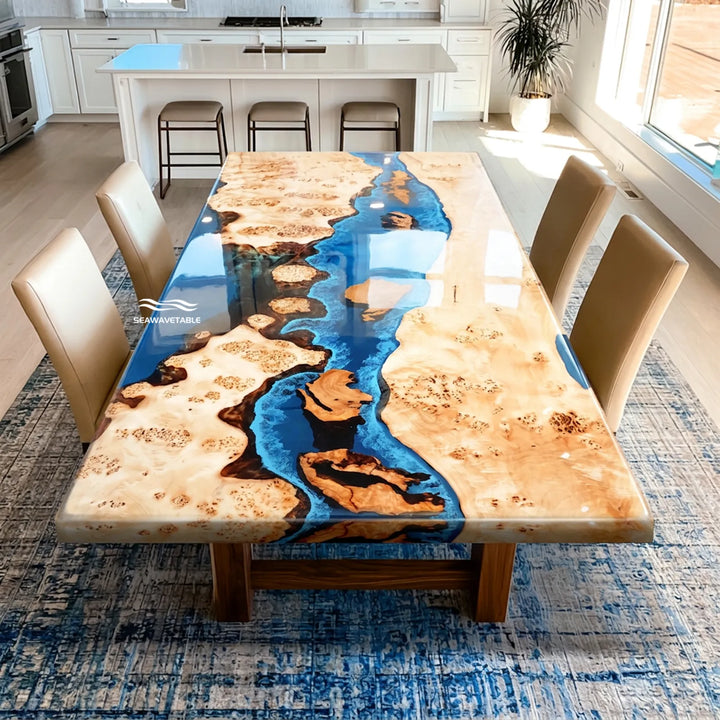 Seawavetable-top view large poplar cunninghamia wood burl epoxy dining table glowing blue resin river with LED strip