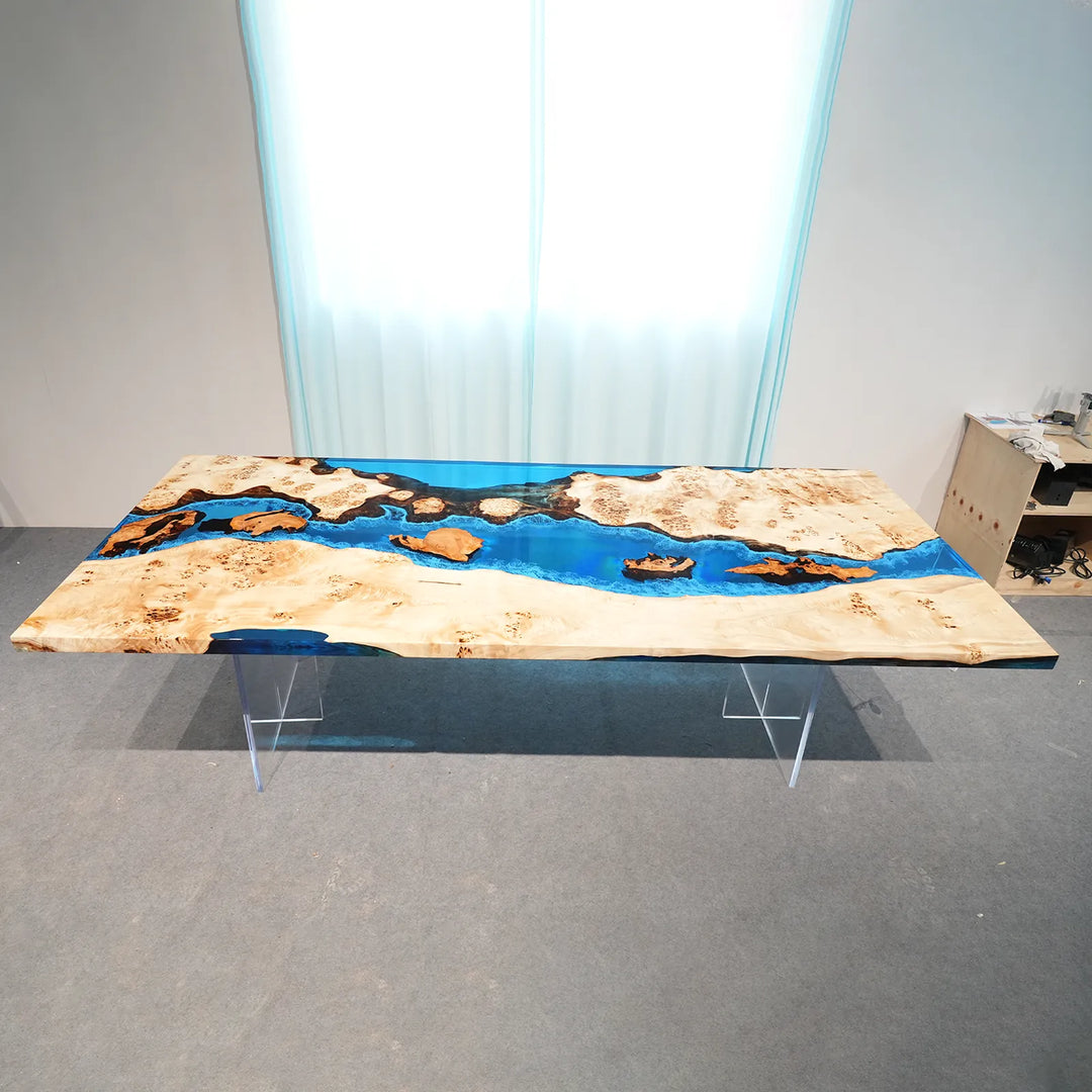 Seawavetable-high gloss surface finish on poplar cunninghamia wood burl epoxy river dining table