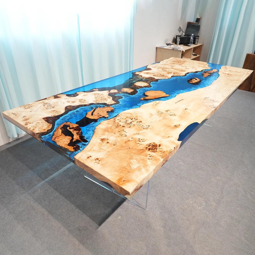 Seawavetable-full tabletop shot winding blue resin river poplar cunninghamia wood burl ready to ship dining table
