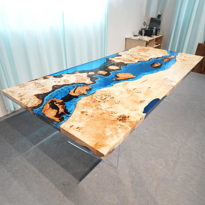 Seawavetable-full tabletop shot winding blue resin river poplar cunninghamia wood burl ready to ship dining table