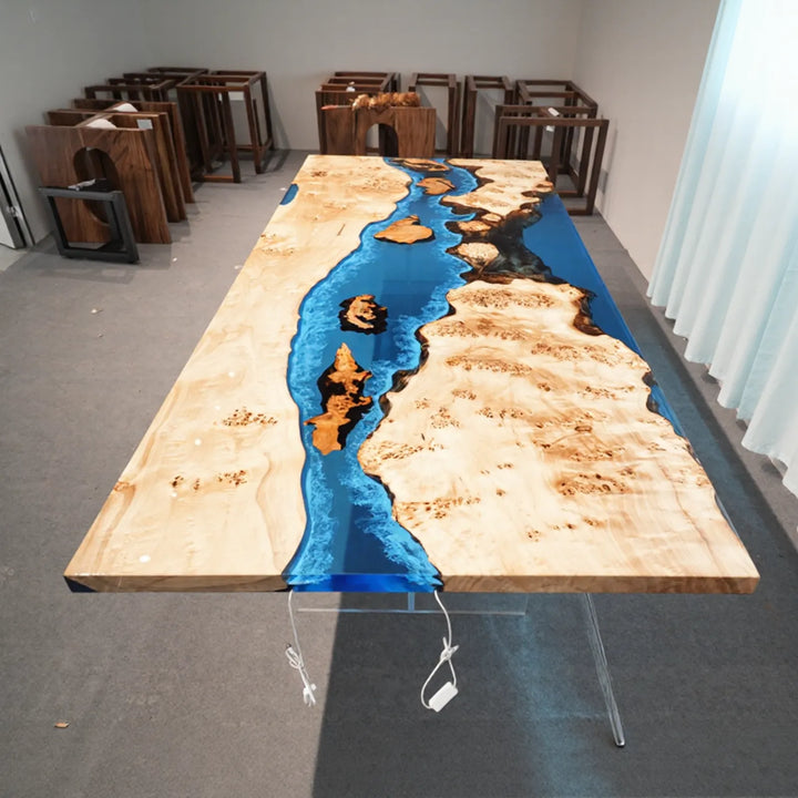 Seawavetable-LED light illuminated blue resin river on poplar cunninghamia wood burl dining table