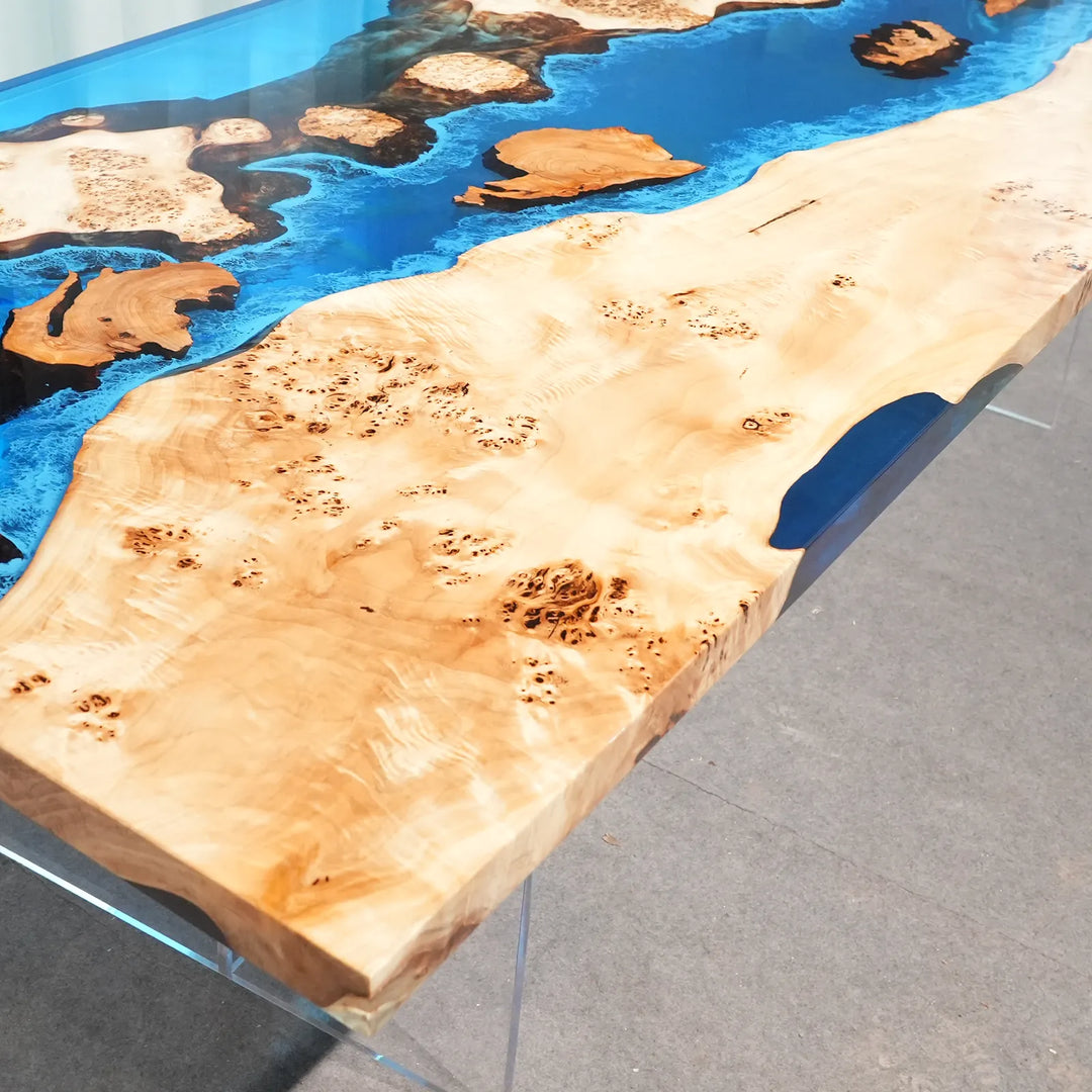 Seawavetable-close up burl grain texture on poplar cunninghamia wood slab epoxy river dining table