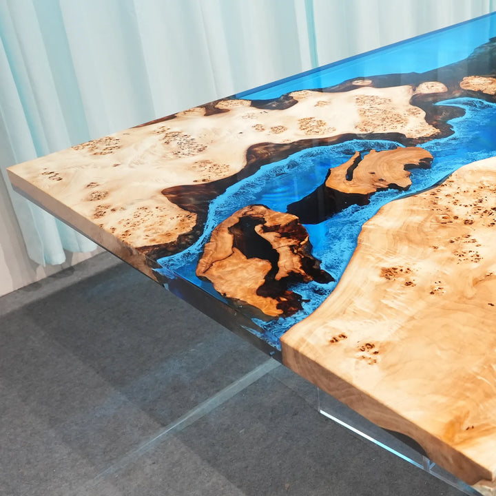 Seawavetable-unique organic winding blue resin channel poplar cunninghamia wood burl river dining table