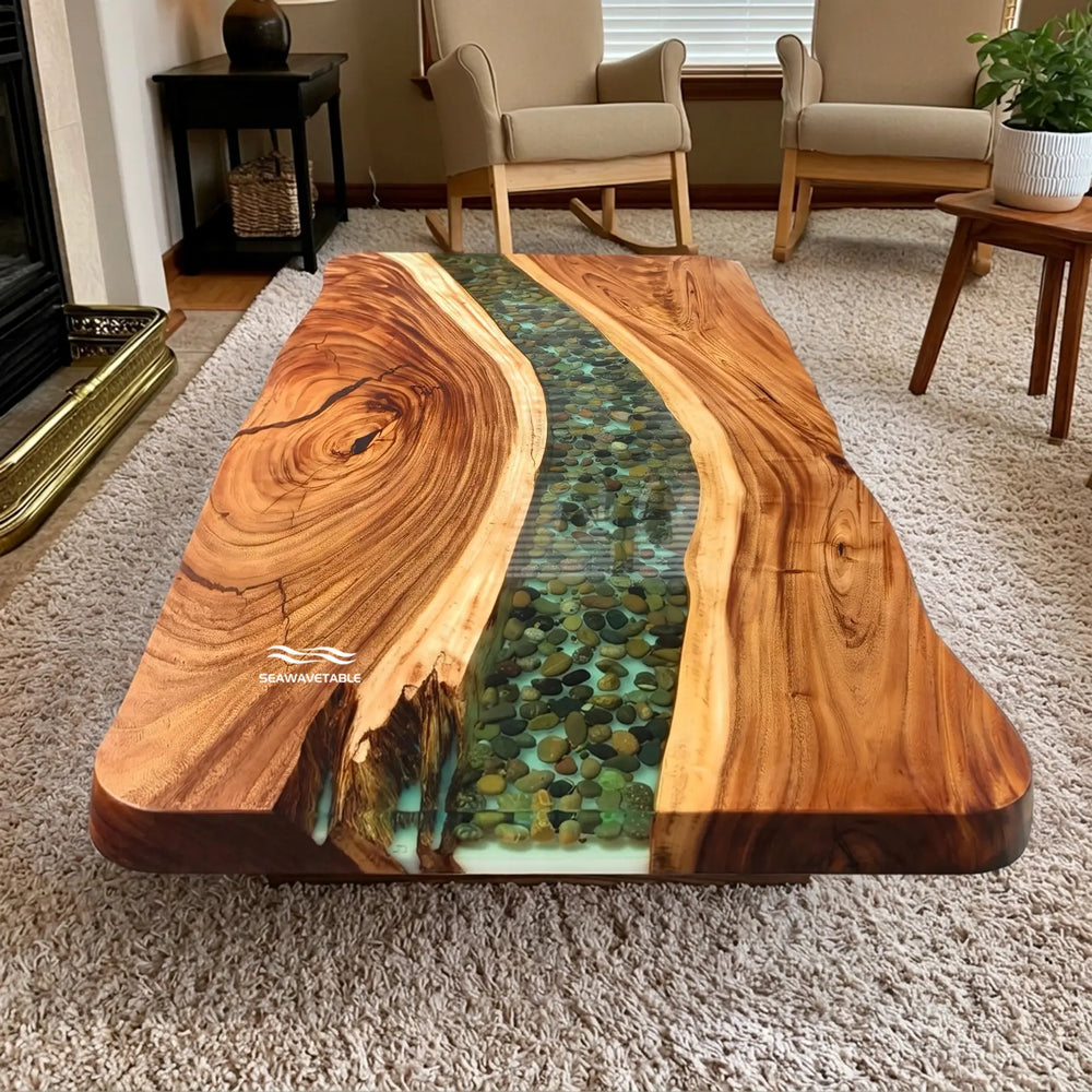 Seawavetable-Natural walnut epoxy table with stone filled light green river and rounded live edge