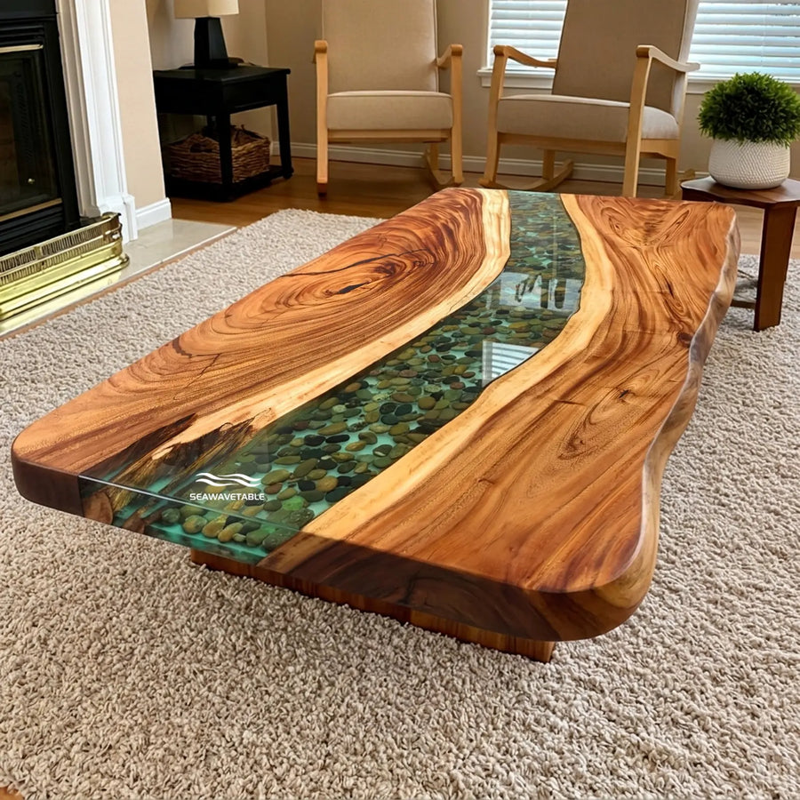 Seawavetable-Walnut rounded live edge epoxy river dining table with light green resin and embedded stones