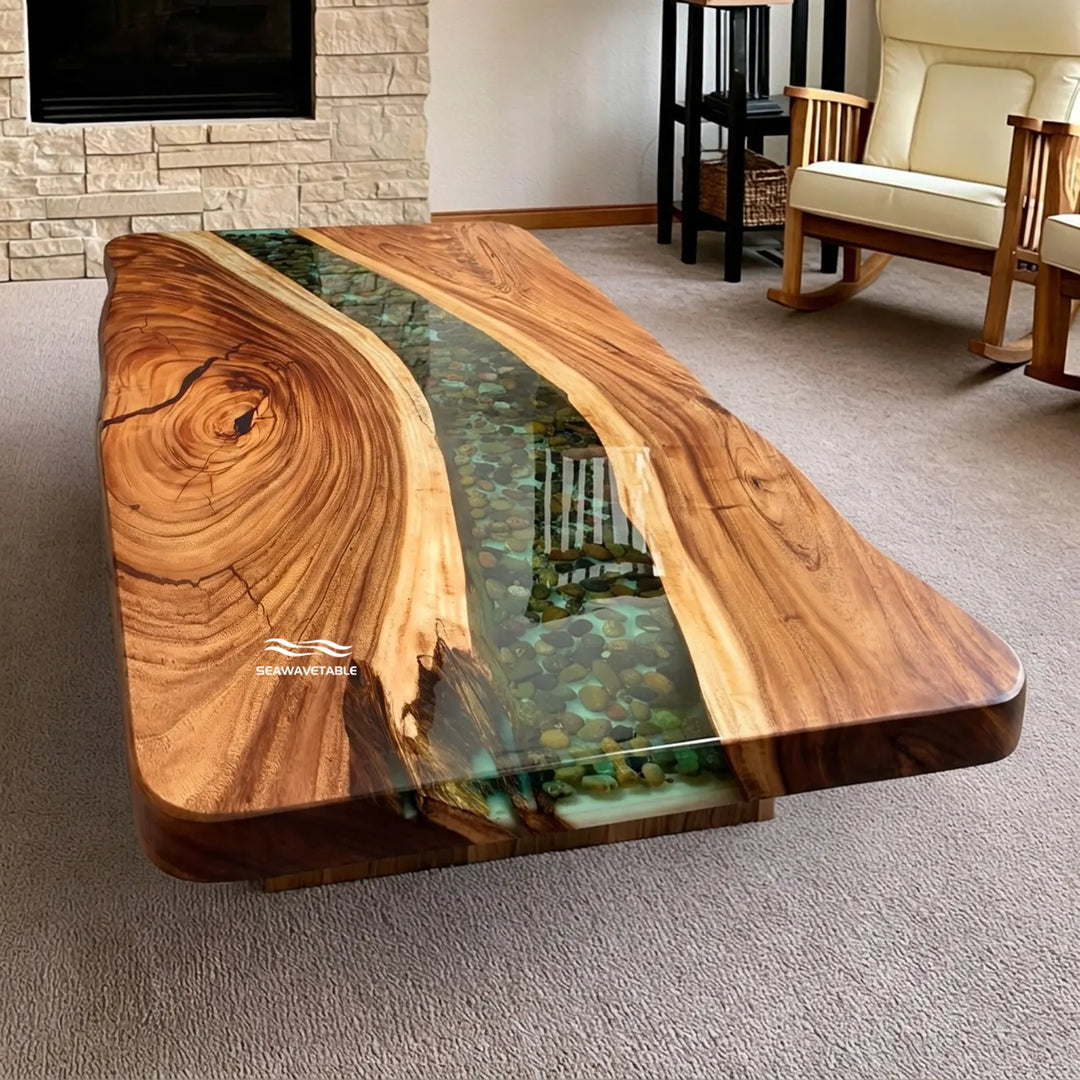 Seawavetable-Rounded live edge walnut dining table matte wood glossy resin finish