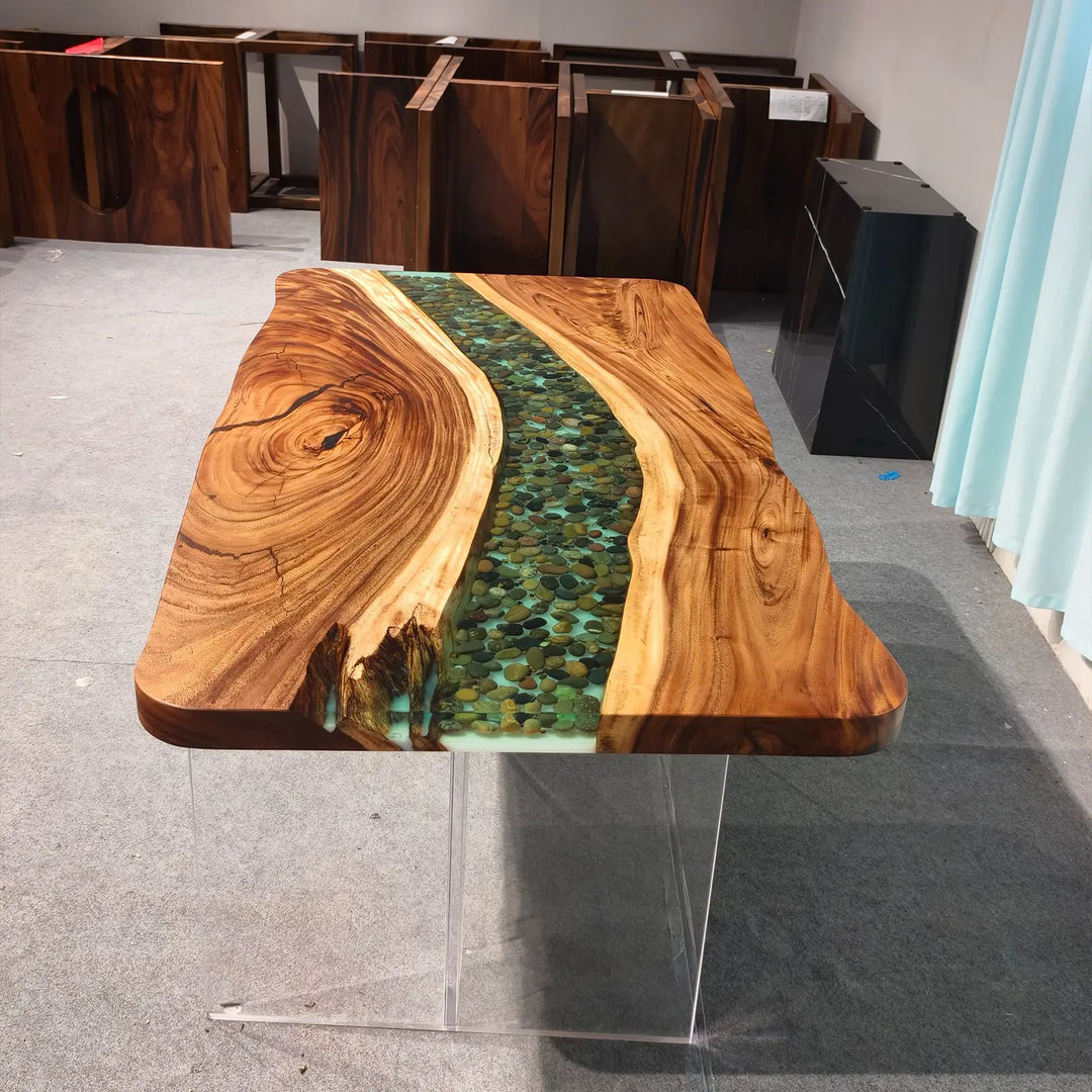 Seawavetable-Organic rounded live edge walnut table with pebbles in light green epoxy