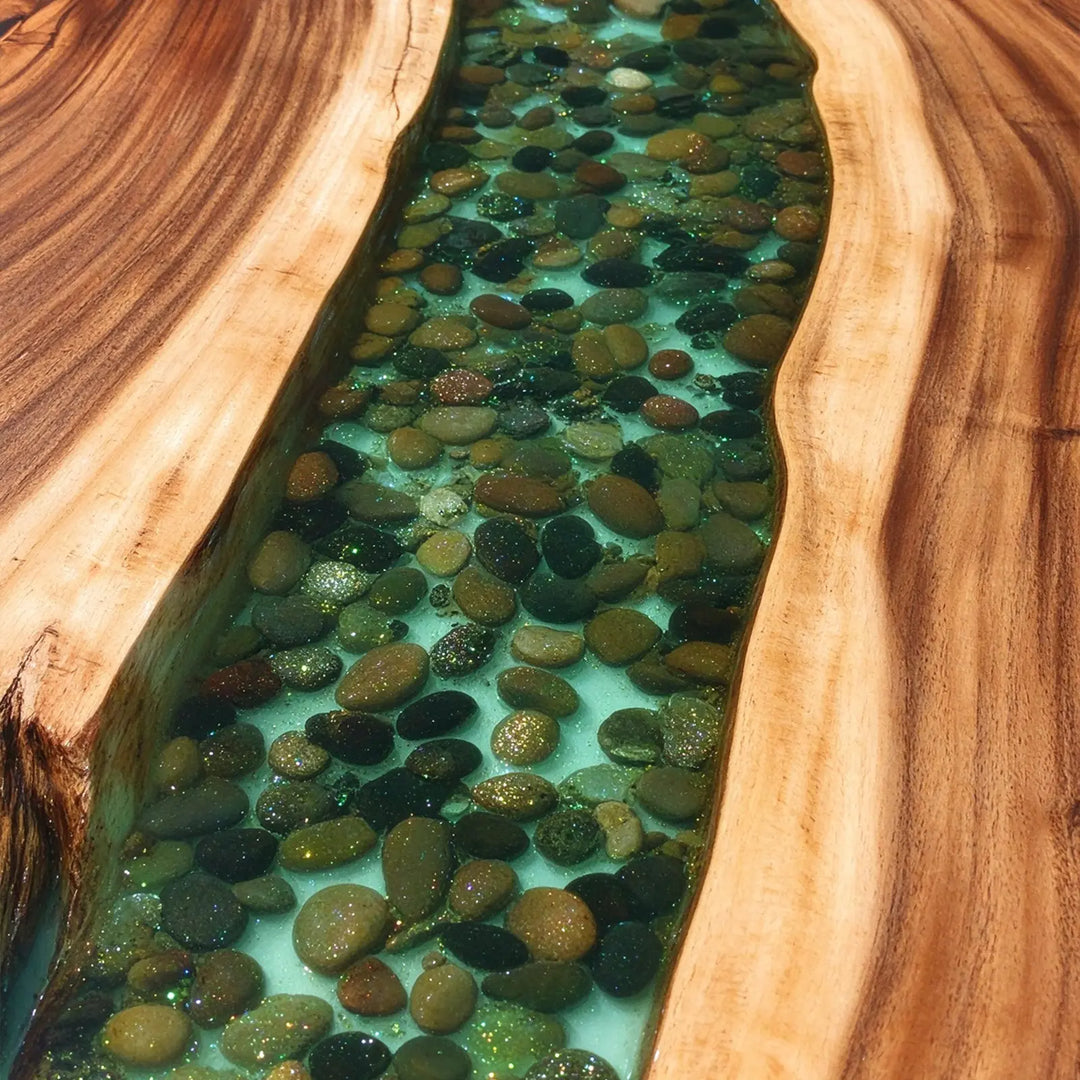 Seawavetable-Solid wood river table embedded natural stone epoxy channel