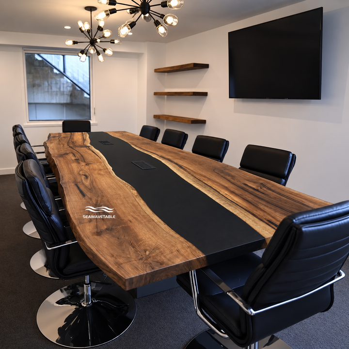 Seawavetable-natural live edge black walnut epoxy table full matte non-glare surface