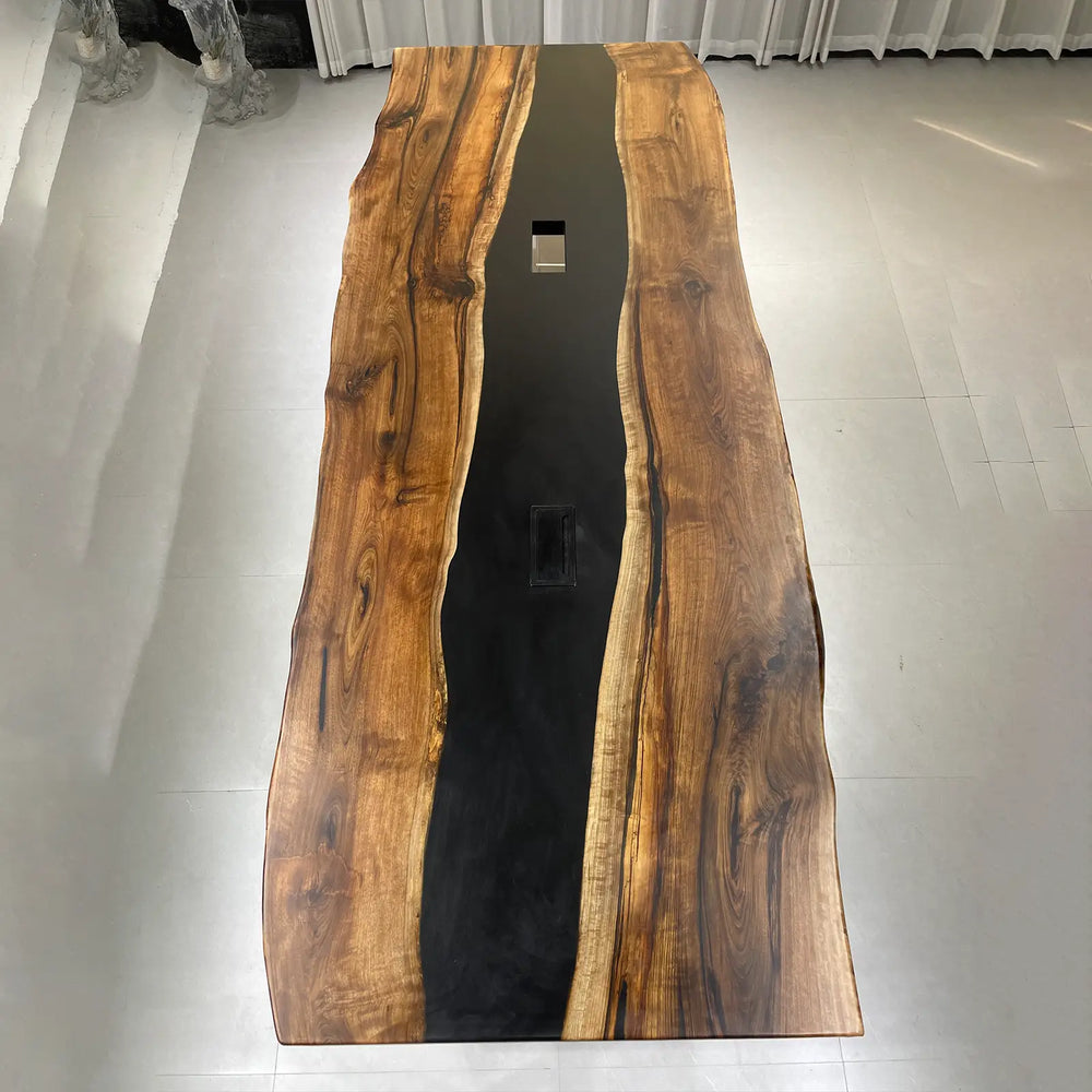 Seawavetable-144×60 inch solid black walnut conference table with midnight black epoxy river