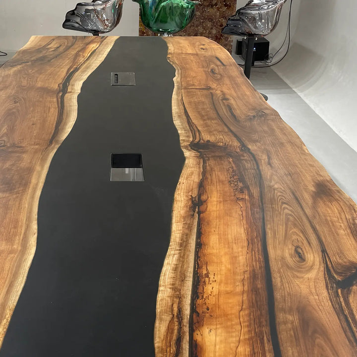 Seawavetable-ready to ship black walnut epoxy river table built-in pop-up power ports