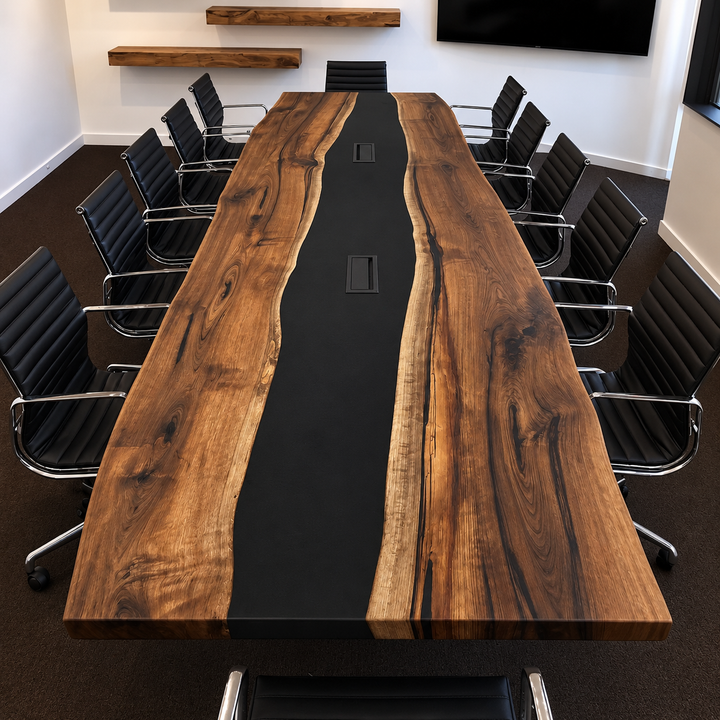 Seawavetable-In stock live edge black walnut epoxy river conference table midnight black resin matte finish with 2 pop-up power outlets
