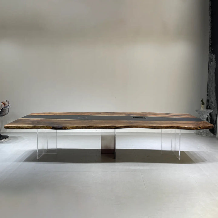 Seawavetable-rich natural grain black walnut table with bold midnight black epoxy river