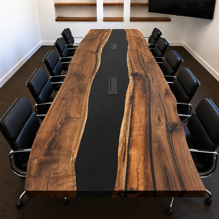 Seawavetable-full matte finish black walnut river table with embedded pop-up power sockets