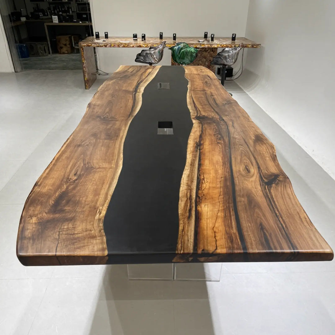 Seawavetable-midnight black resin river live edge walnut conference table for boardroom