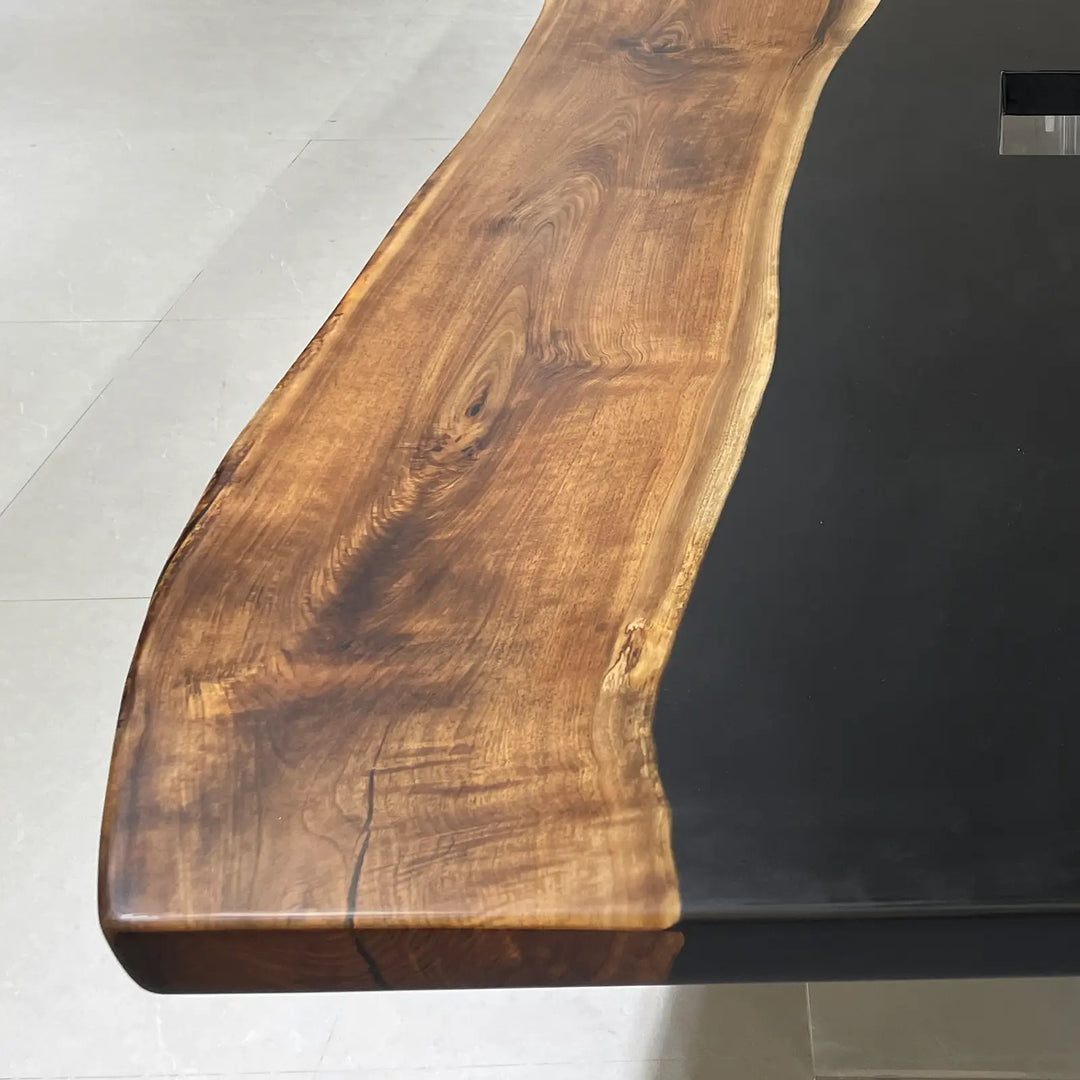 Seawavetable-in stock live edge walnut conference table midnight black resin matte surface