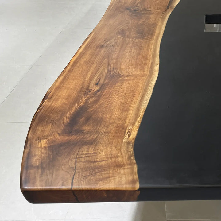 Seawavetable-in stock live edge walnut conference table midnight black resin matte surface