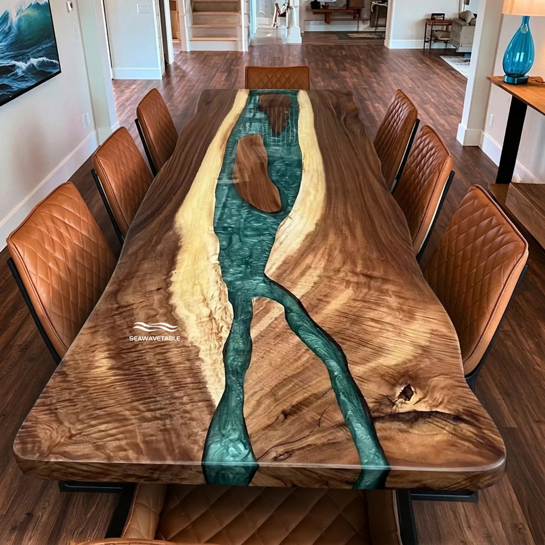 Seawavetable- walnut live edge epoxy table with swirl green resin river