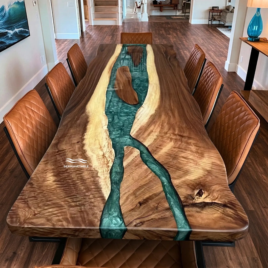 Seawavetable- walnut live edge epoxy table with swirl green resin river