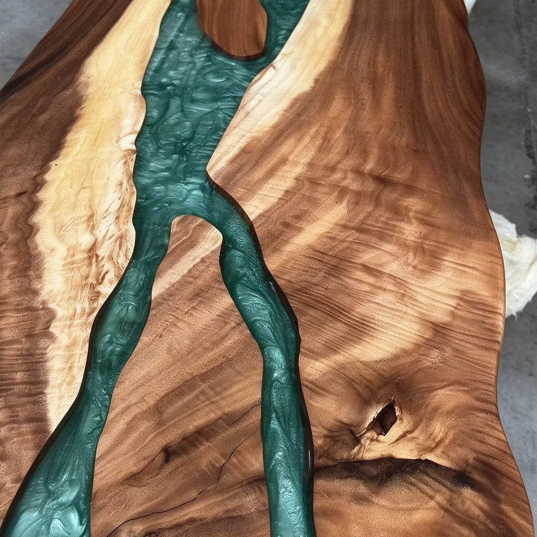 Seawavetable- natural grain walnut table with flowing green epoxy river