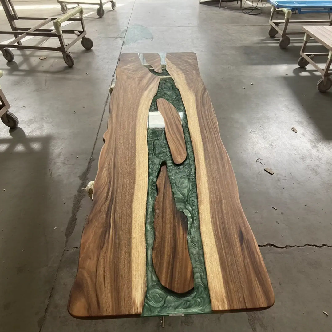 Seawavetable- handmade walnut table with marbled green epoxy resin
