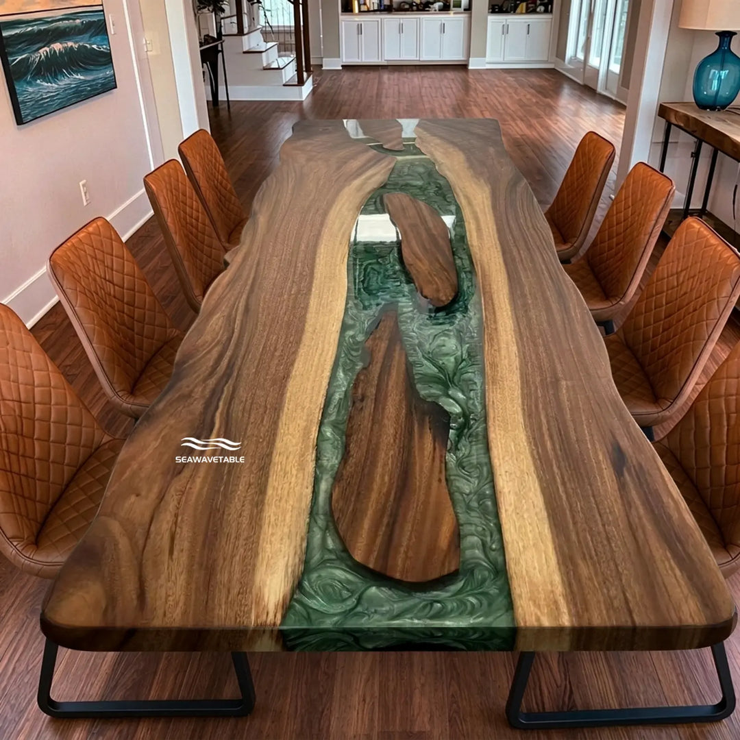 Seawavetable- solid walnut epoxy river dining table matte wood glossy resin