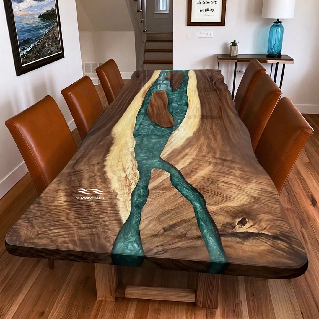 Seawavetable- green swirl epoxy river solid wood statement table