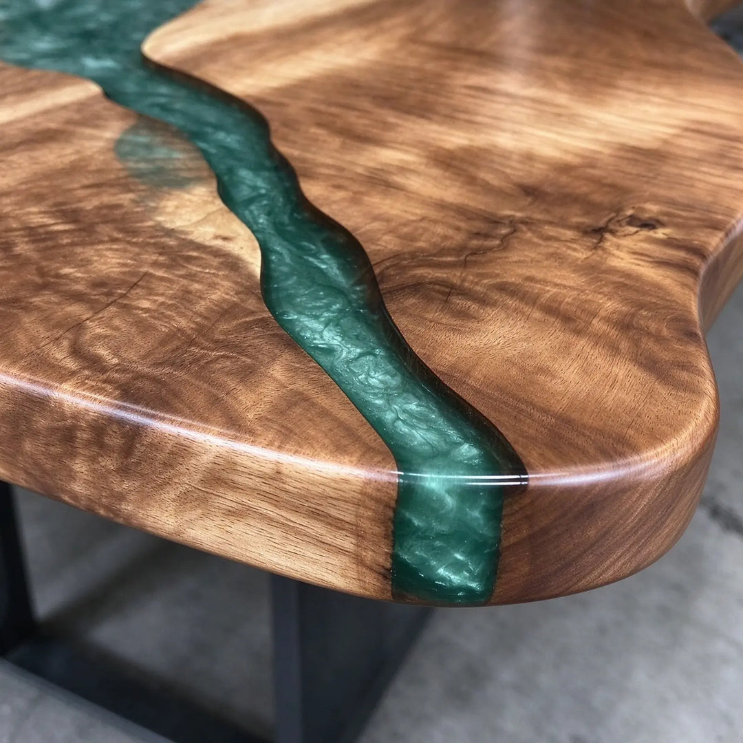 Seawavetable- artistic epoxy river table with walnut wood and green swirl resin