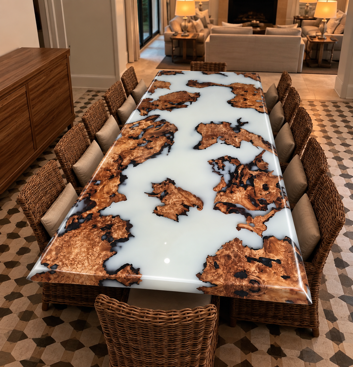 Seawavetable-In stock cunninghamia wood burl epoxy dining table lunar silk resin high gloss finish