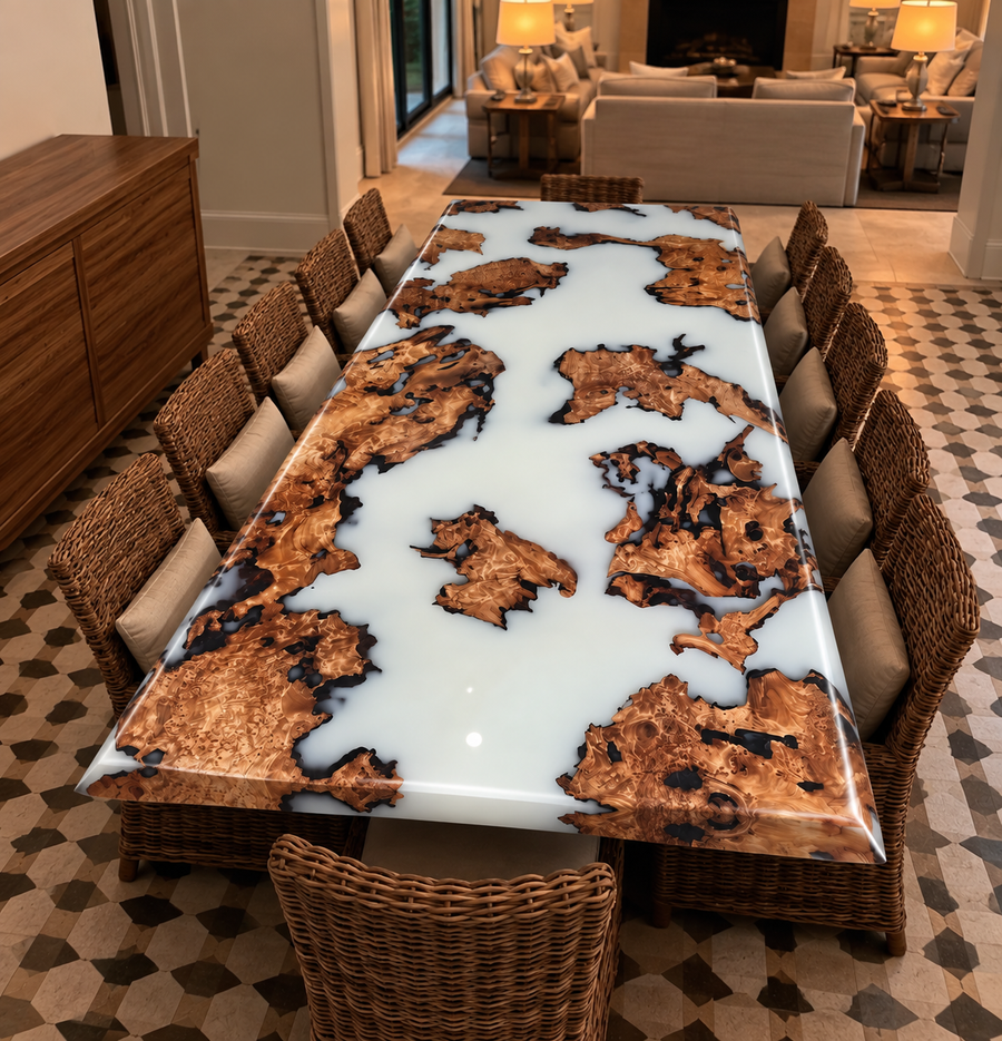 Seawavetable-In stock cunninghamia wood burl epoxy dining table lunar silk resin high gloss finish