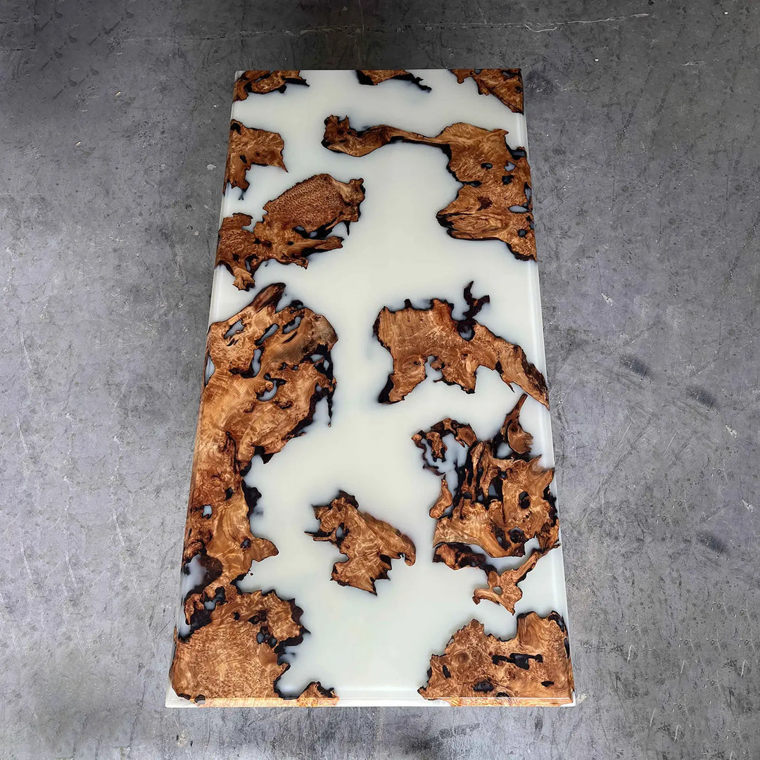 Seawavetable-84×42 inch cunninghamia wood burl table with elegant lunar silk epoxy resin