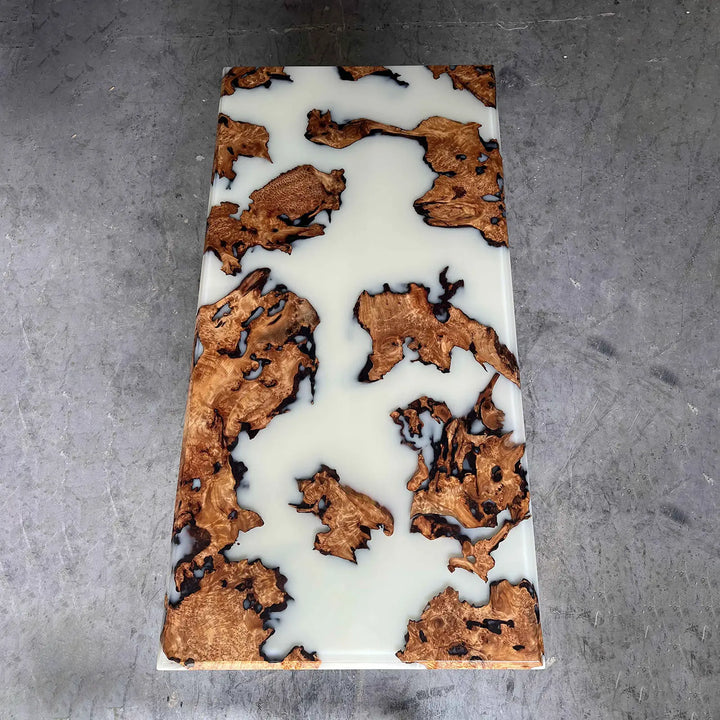 Seawavetable-84×42 inch cunninghamia wood burl table with elegant lunar silk epoxy resin