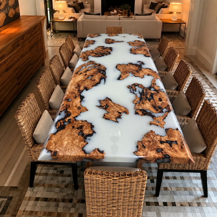 Seawavetable-premium cunninghamia burl slab table with soft lunar silk resin filling