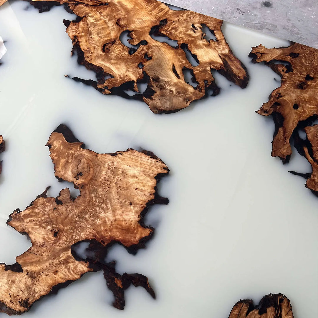 Seawavetable-high gloss finish cunninghamia burl epoxy table with silky resin details