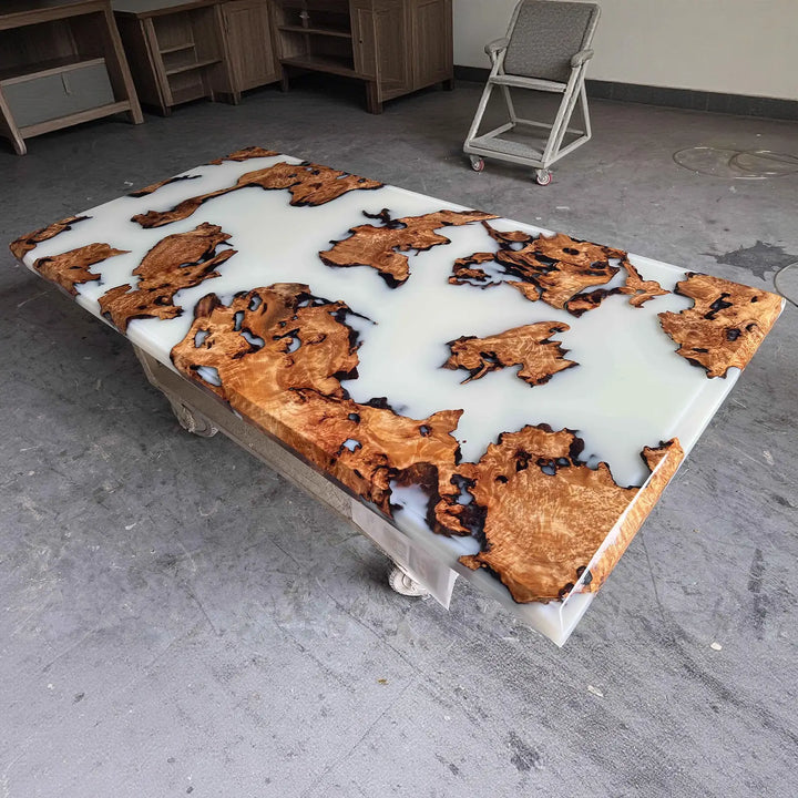 Seawavetable-intricate burl grain cunninghamia wood table with artistic lunar silk epoxy