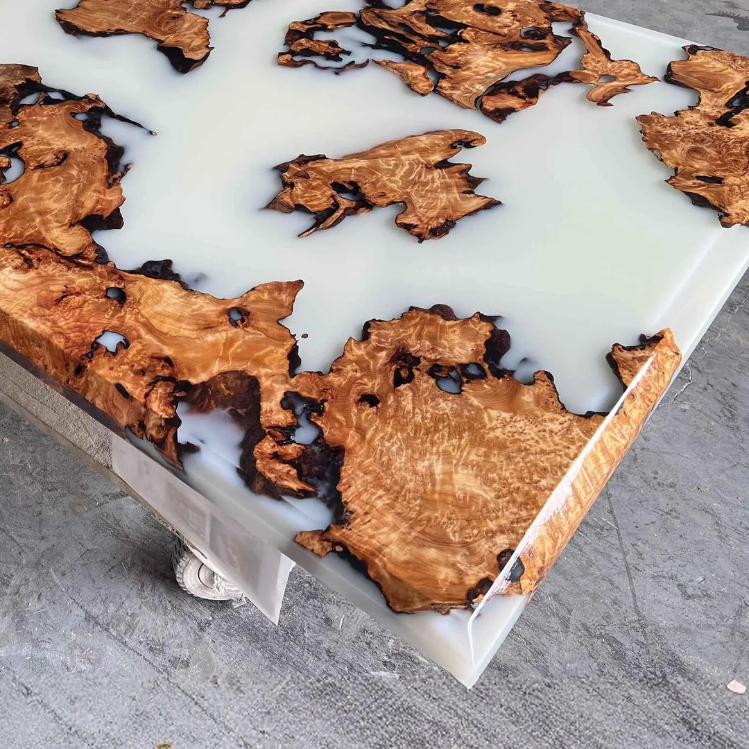 Seawavetable-sleek beveled edge burl wood epoxy dining table modern home decor