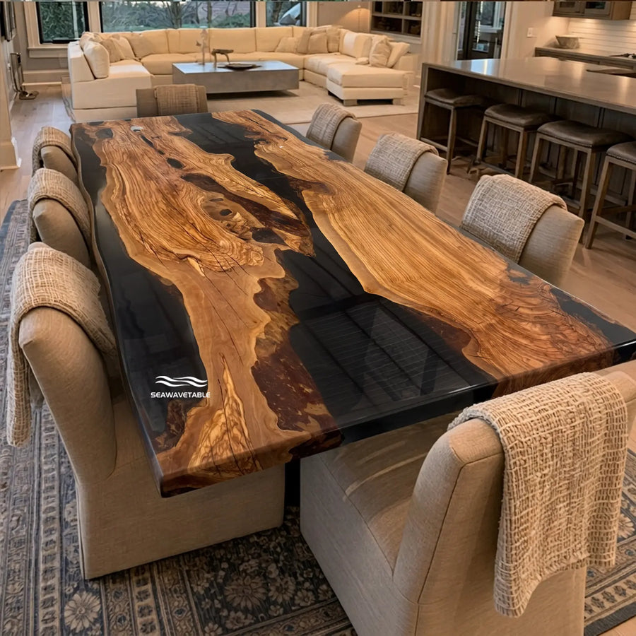 Seawavetable‑olive‑wood‑black‑epoxy‑river‑table‑live‑edge‑gloss‑surface